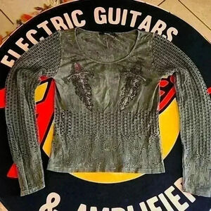 Long Sleeve M Gray Marbled Double Dagger Bling T ✨️ Poly Cotton Stretch